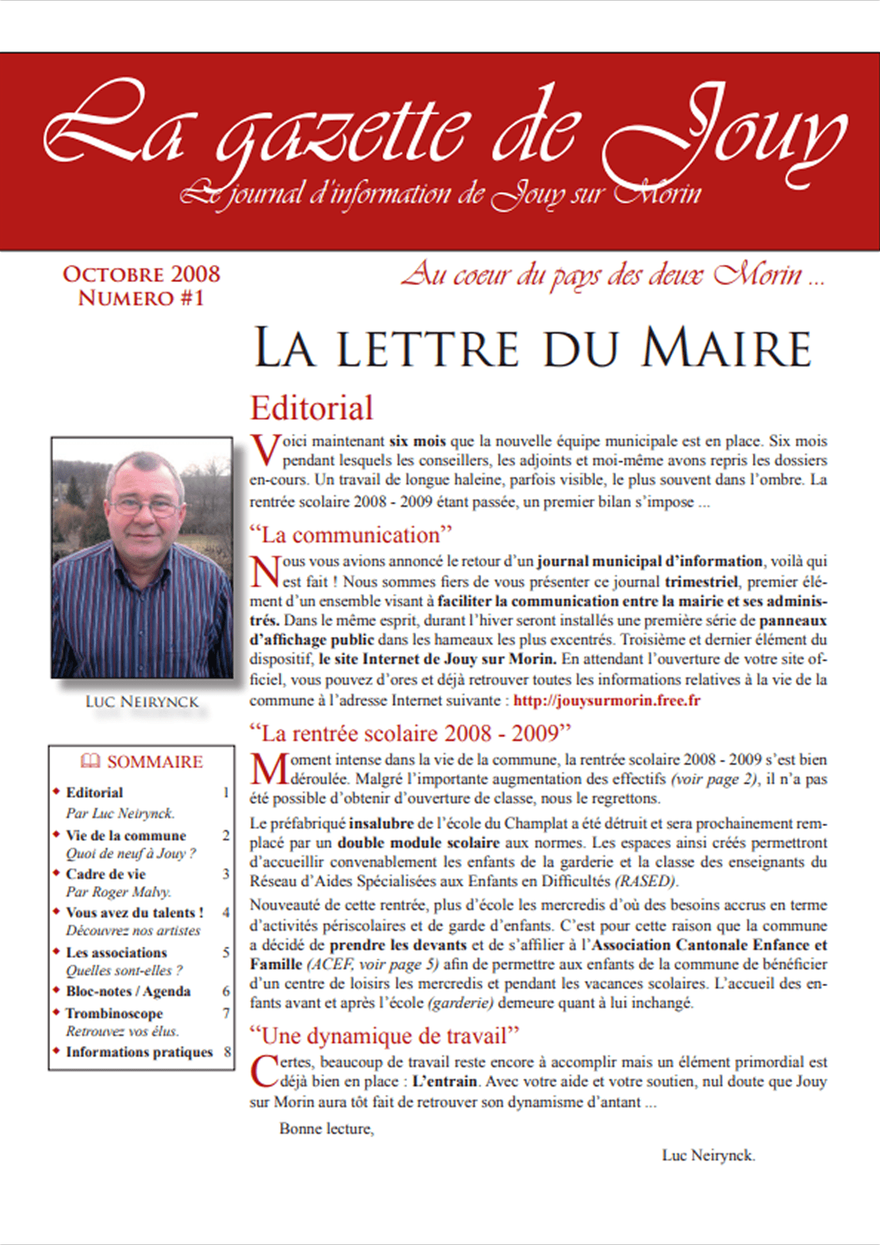 Première de couverture de la gazette n°1 de Jouy-sur-Morin datant de octobre 2008