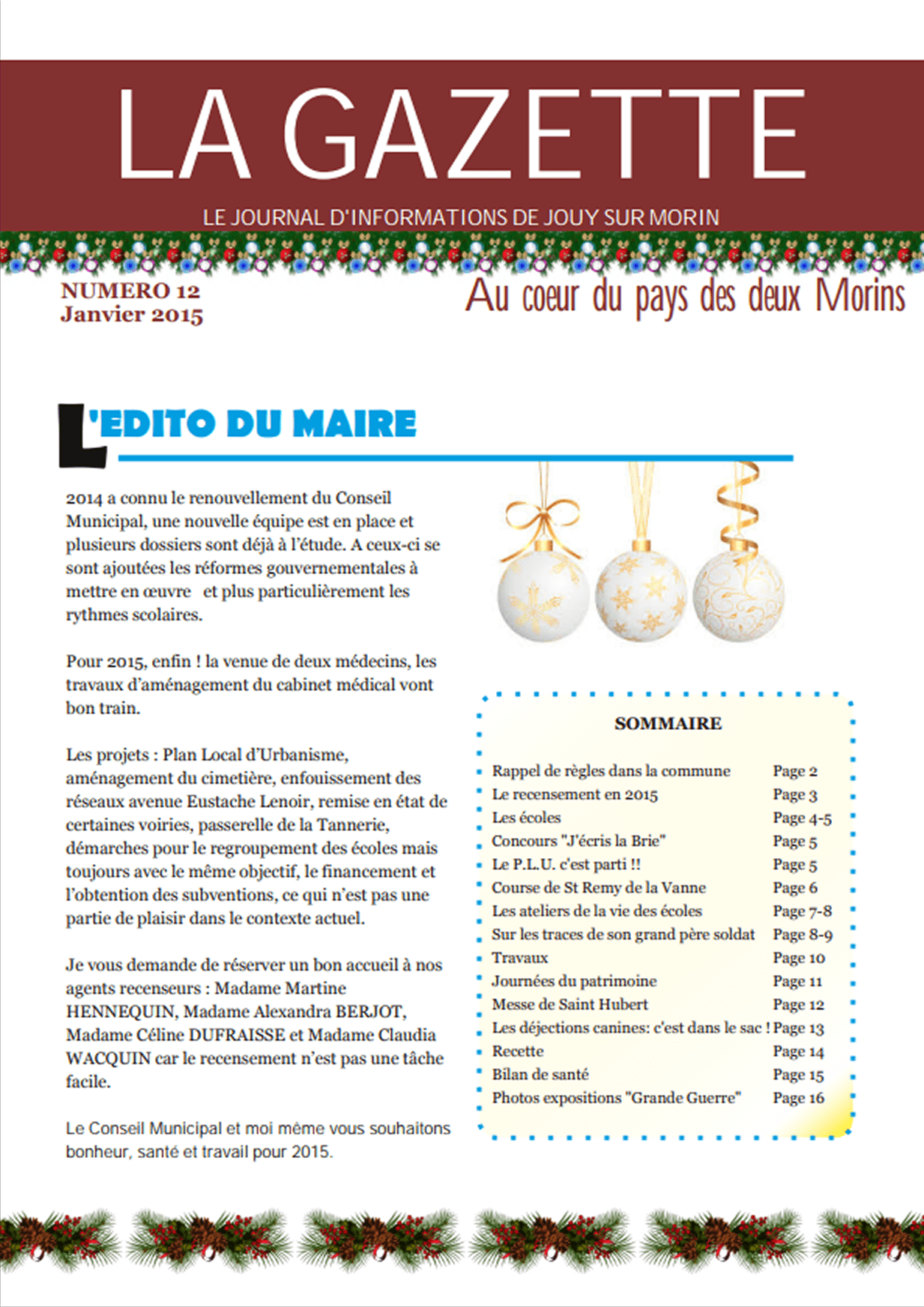 Première de couverture de la gazette n°12 de Jouy-sur-Morin datant de janvier 2015