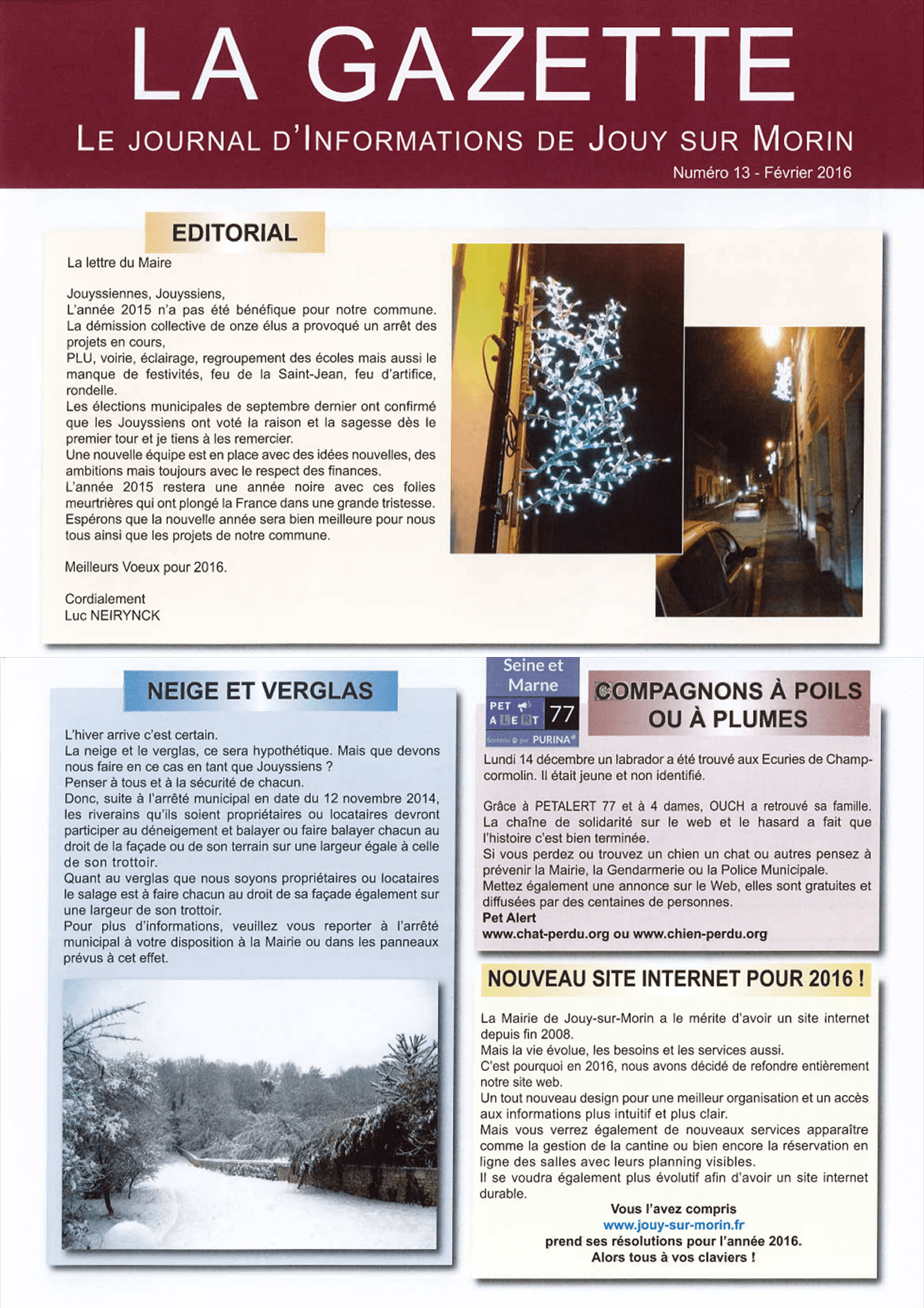 Première de couverture de la gazette n°13 de Jouy-sur-Morin datant de février 2016