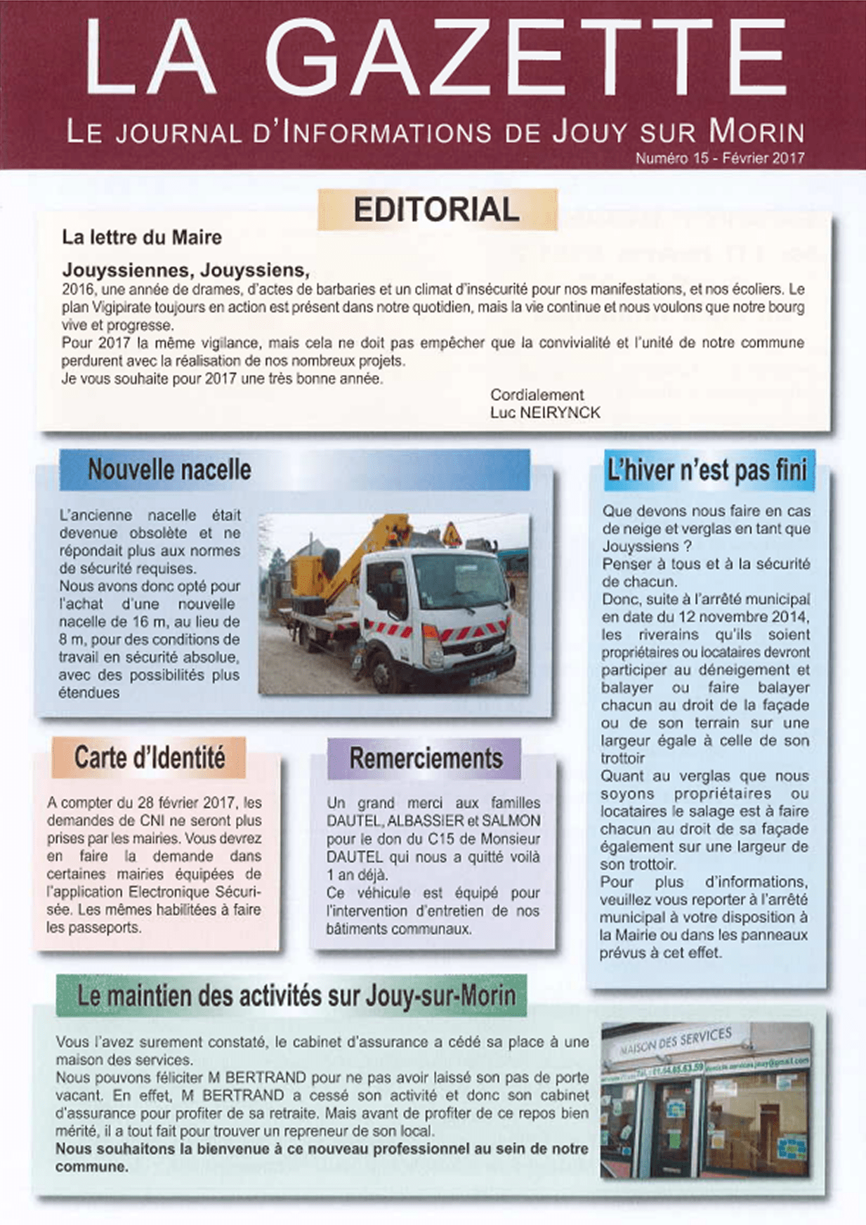 Première de couverture de la gazette n°15 de Jouy-sur-Morin datant de février 2017