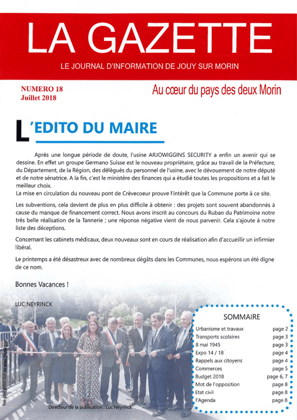 Première de couverture de la gazette n°18 de Jouy-sur-Morin datant de juillet 2018