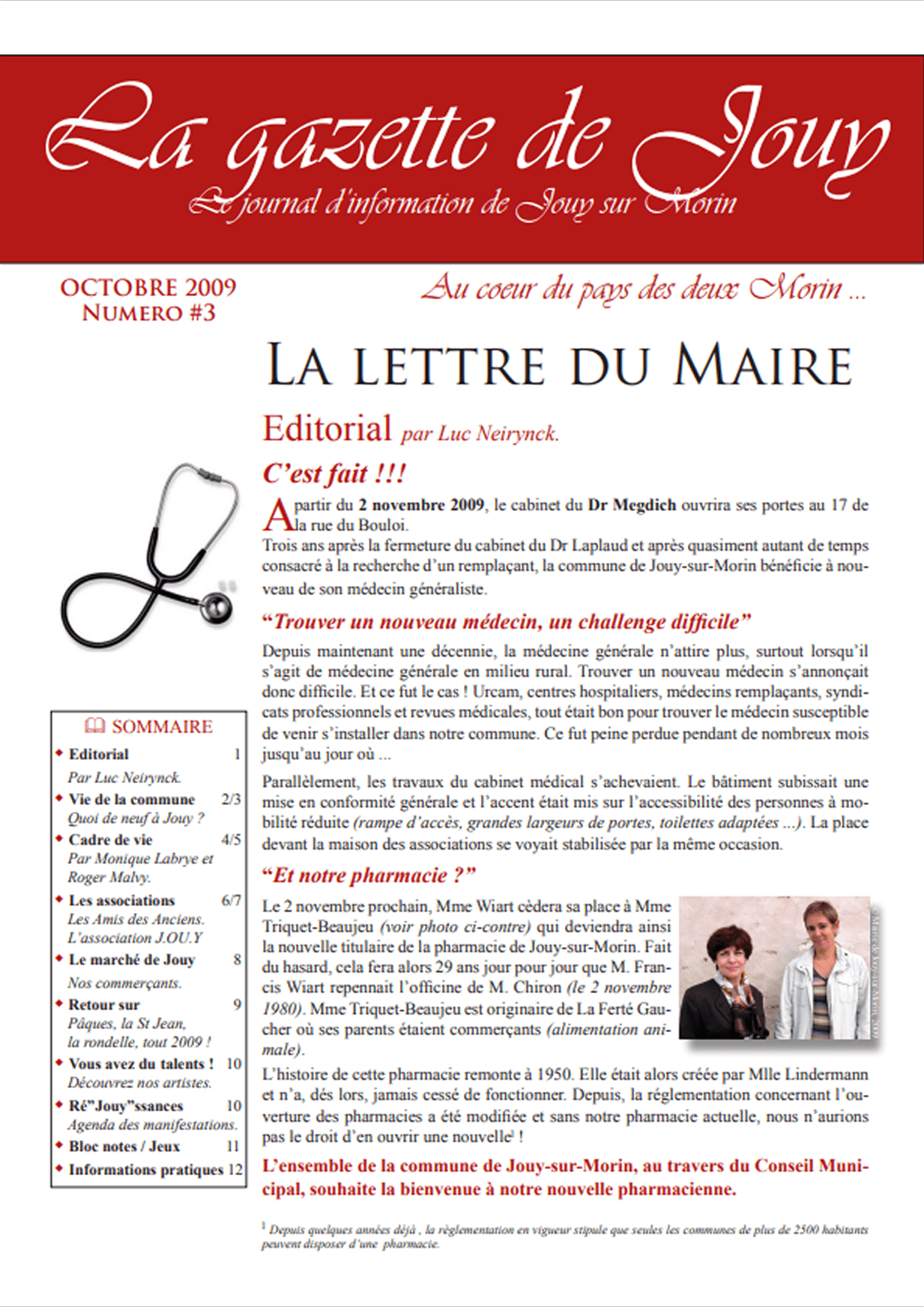 Première de couverture de la gazette n°3 de Jouy-sur-Morin datant de octobre 2009