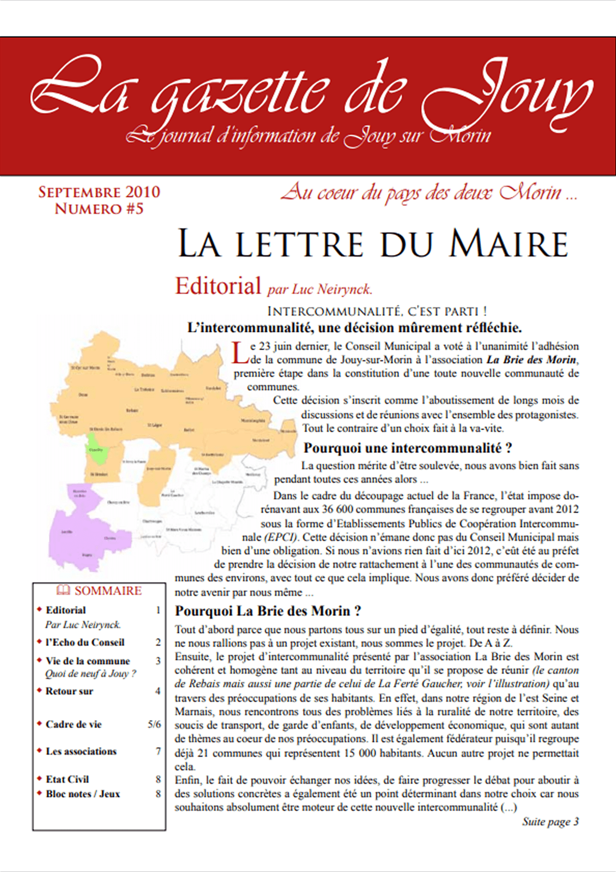 Première de couverture de la gazette n°5 de Jouy-sur-Morin datant de septembre 2010