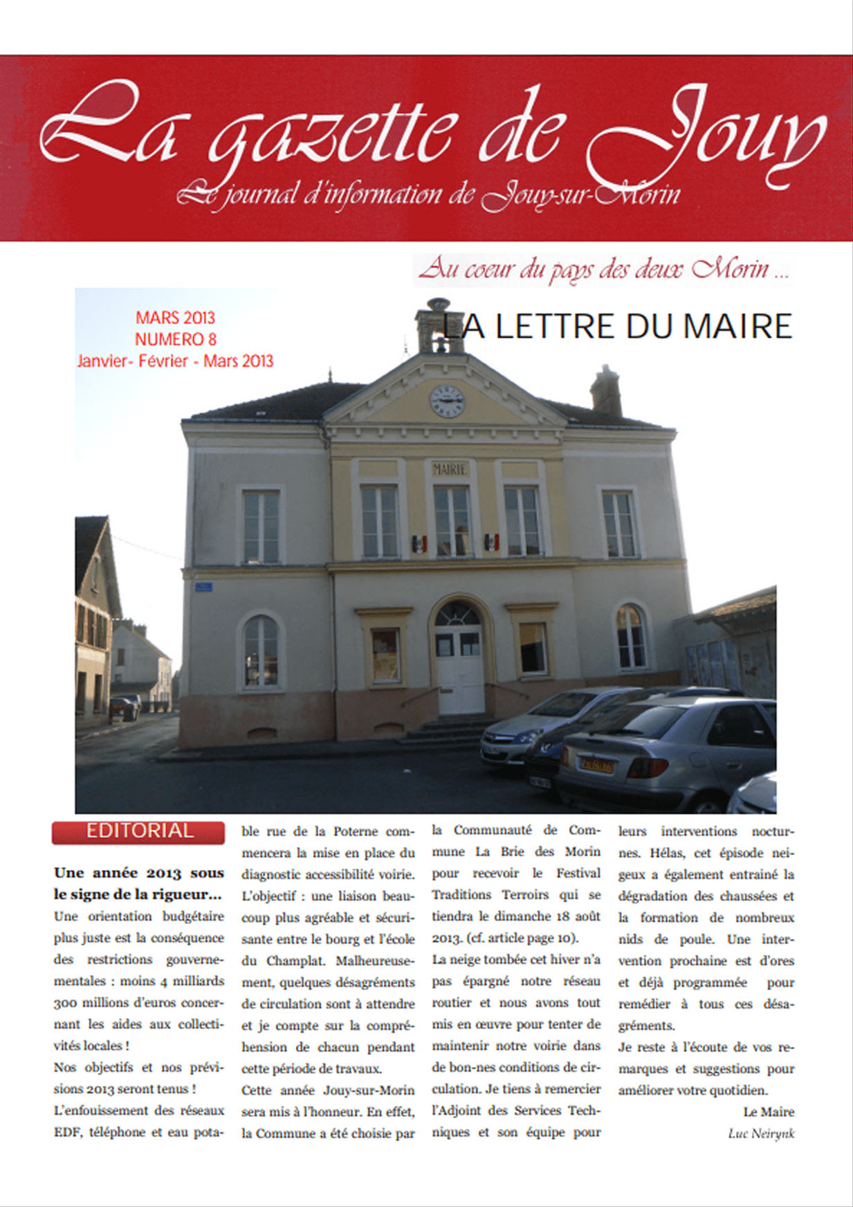 Première de couverture de la gazette n°8 de Jouy-sur-Morin datant de mars 2013