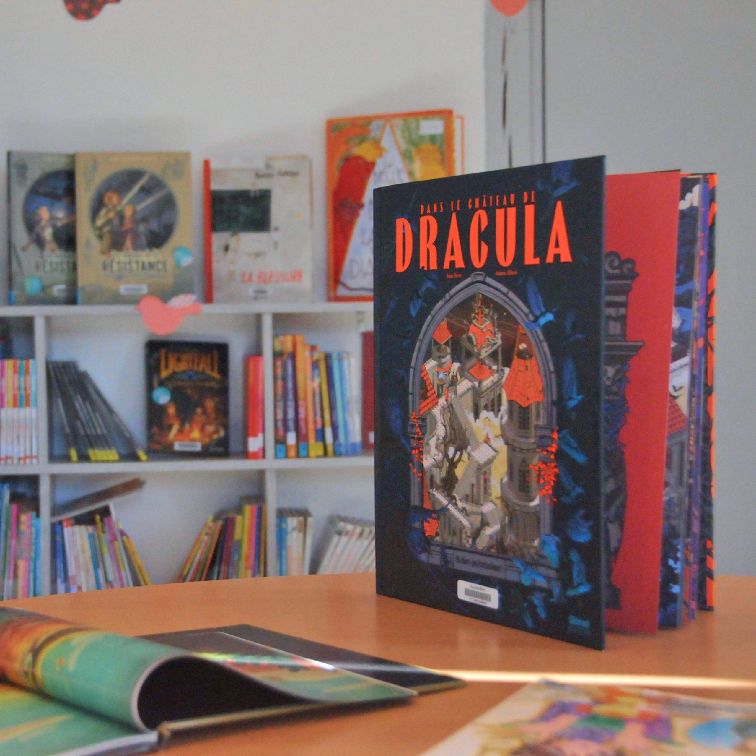 Photos du livre Dans le château de Dracula avec des livres sur des étagères en fond