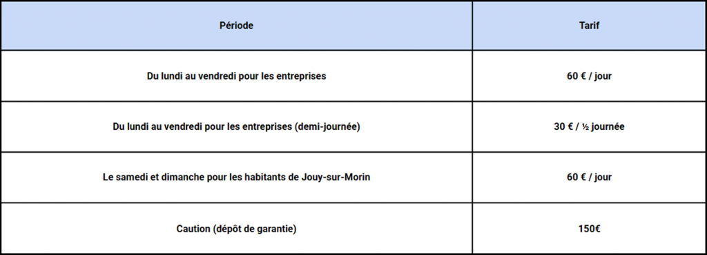 Tableau qui indique les tarifs et les modalités de la Maison des Associations de Jouy-sur-Morin